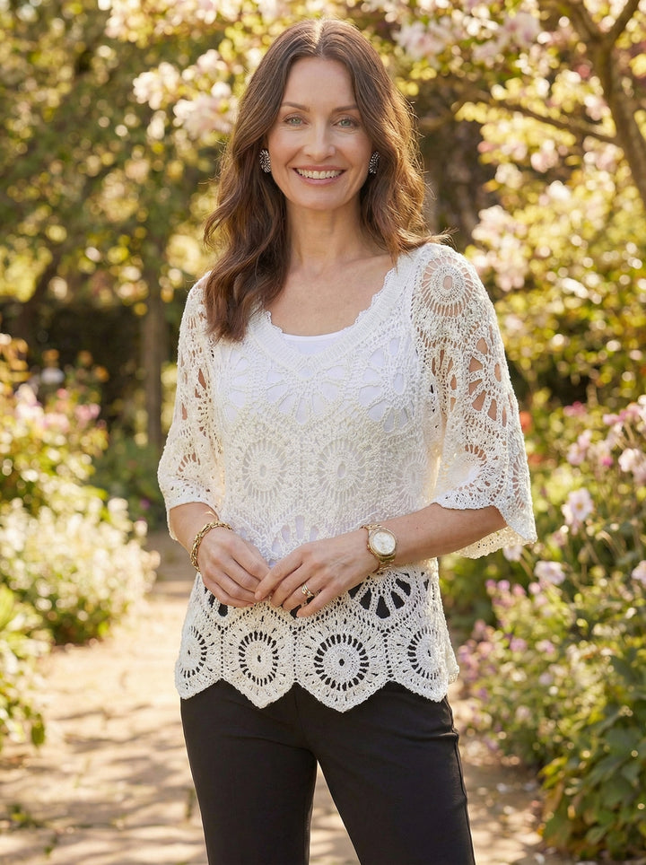 "JADE” V-Neck Crochet Top With Vest - White