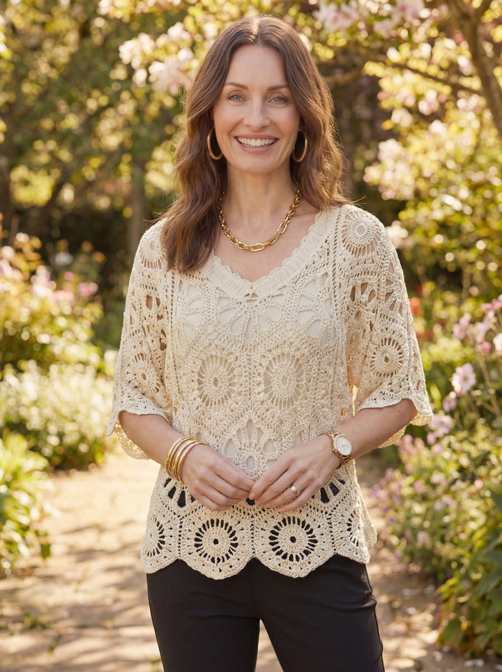 "JADE” V-Neck Crochet Top With Vest - Cream