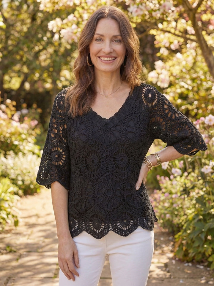 "JADE” V-Neck Crochet Top With Vest