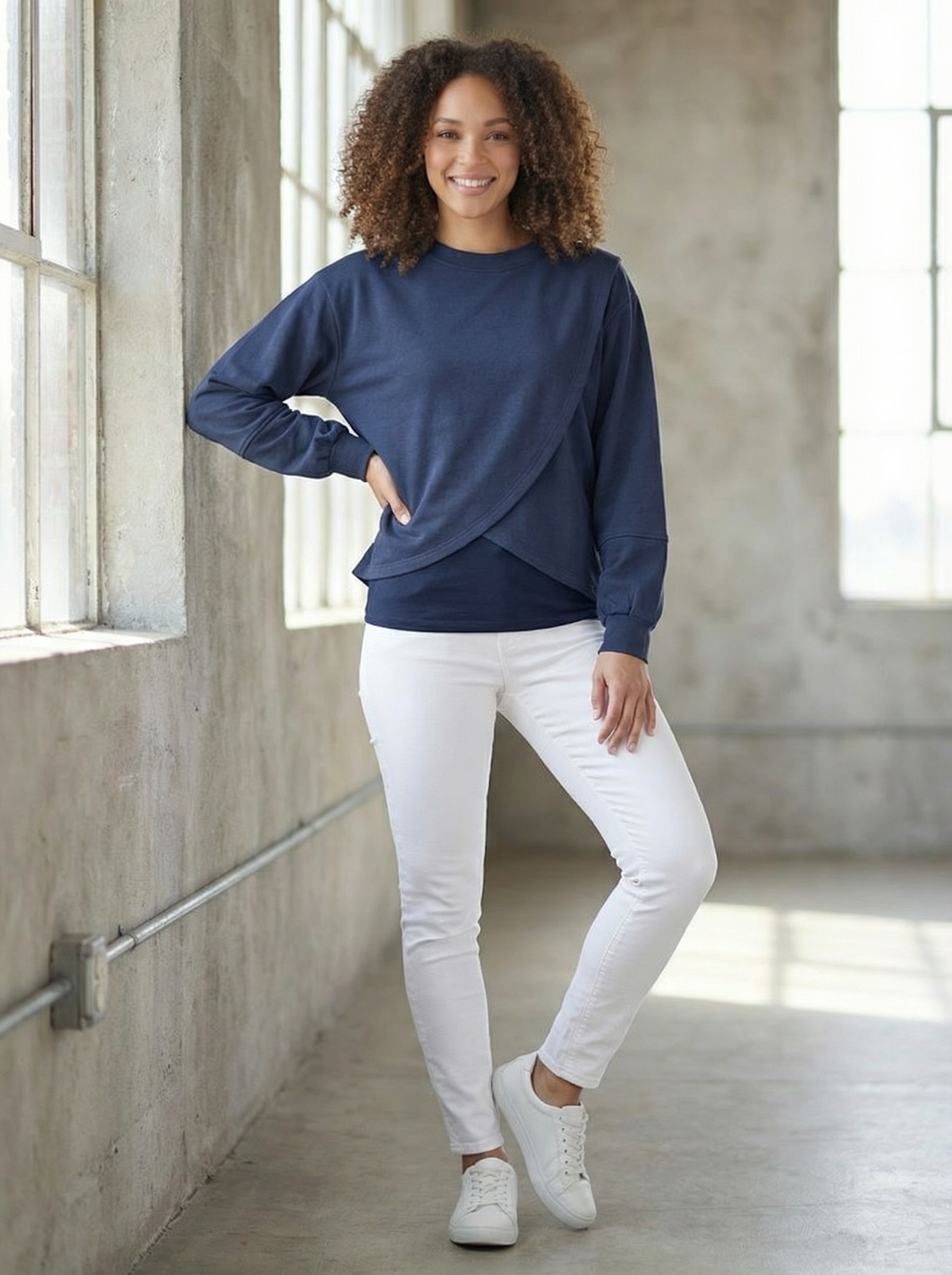 "CAITLYN” Crossover Sweat Top - Navy