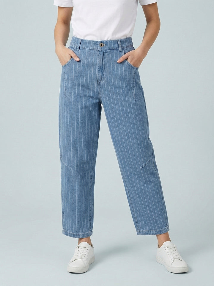 "KEIRA” Pinstripe Bullet Trouser - Light Denim / White