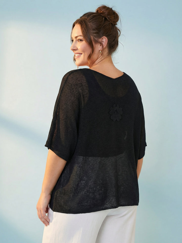 "EVIE” V-Neck Fine Knit Top - Black