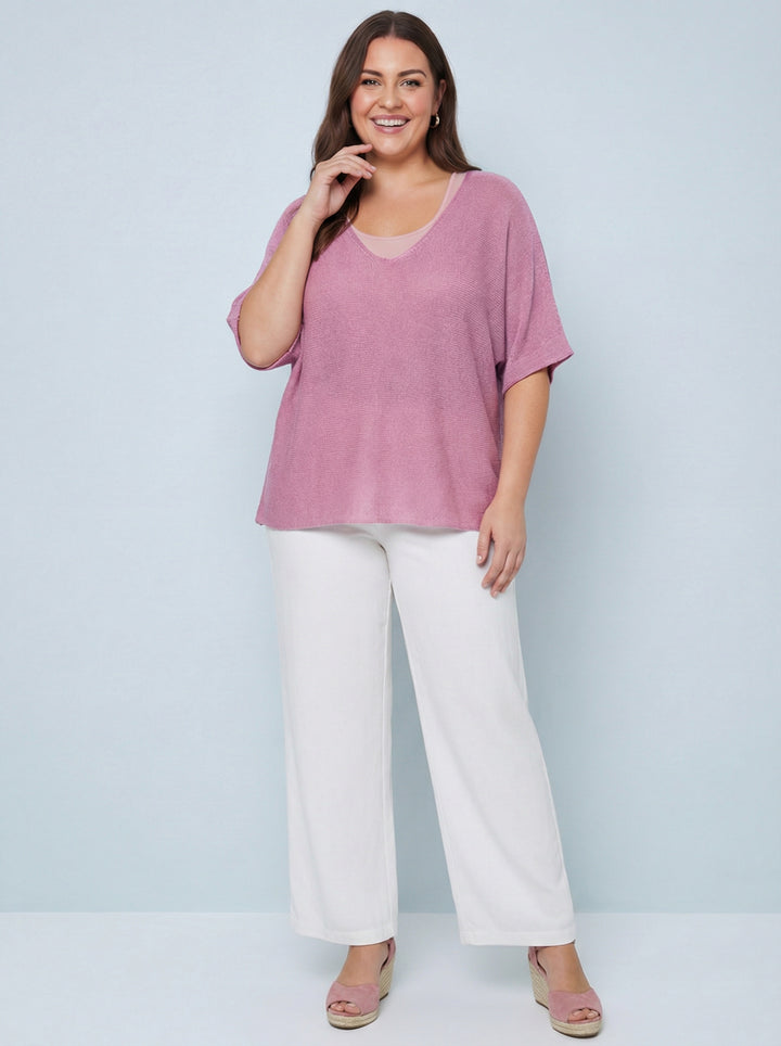 "EVIE” V-Neck Fine Knit Top - Pink