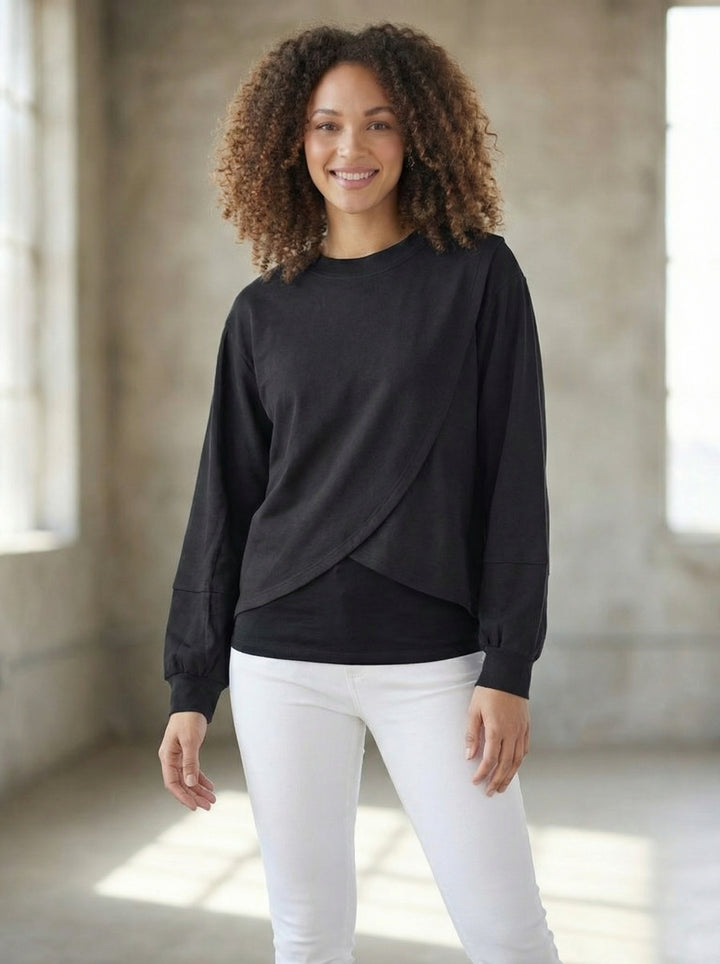 "CAITLYN” Crossover Sweat Top - Black