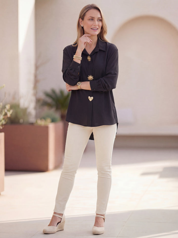 "PENNY” Relaxed Fit High-Low Shirt - Black