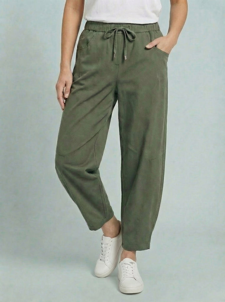 “ANGELA” Canvas Barrel Trouser - Khaki Green