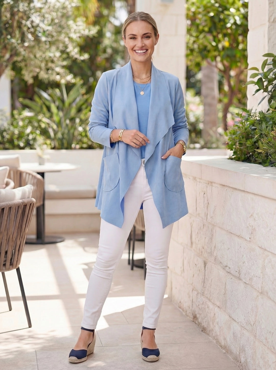 "ASHLEY” Waterfall Suedette Jacket - Sky Blue