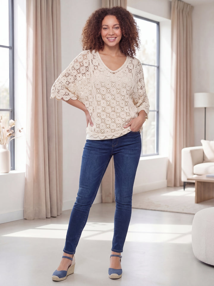 "SARAH” V-Neck Crochet Top - Cream