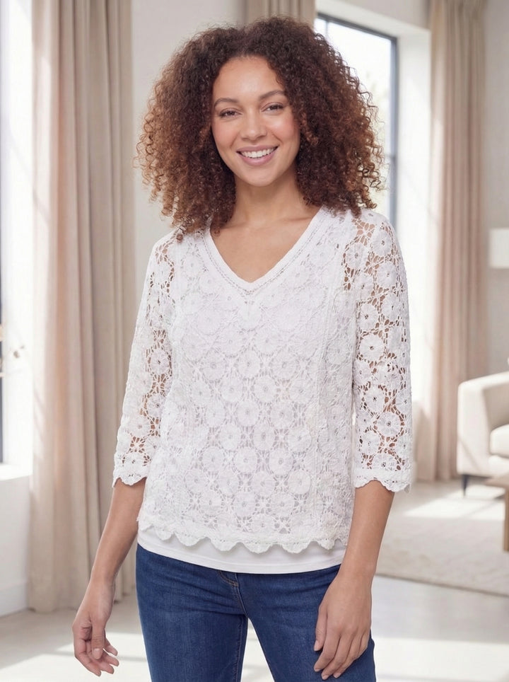 "SARAH” V-Neck Crochet Top - White