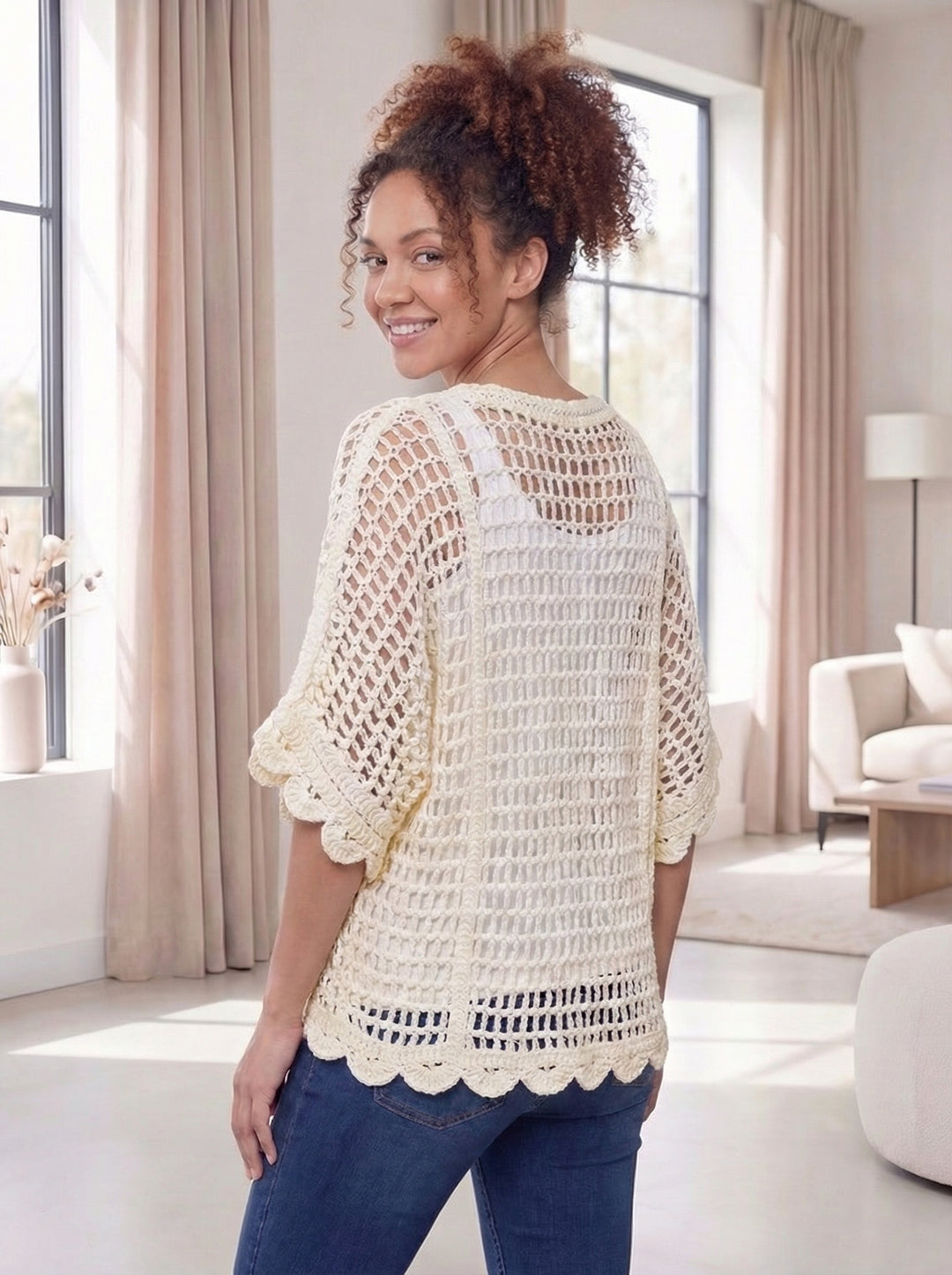 "SARAH” V-Neck Crochet Top - Cream
