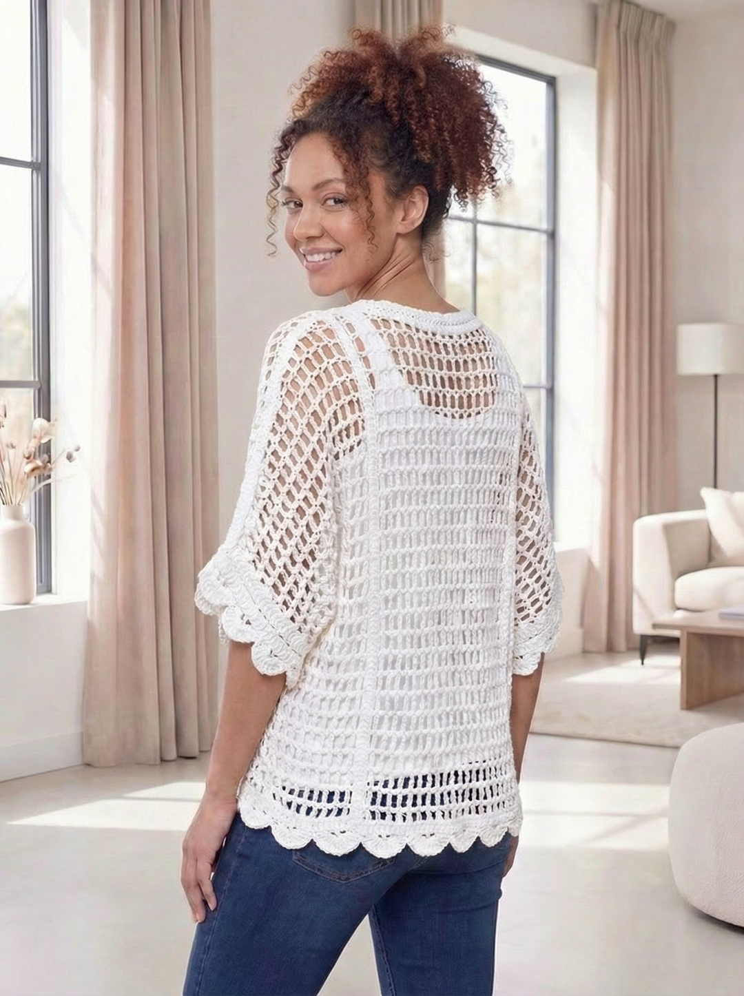 "SARAH” V-Neck Crochet Top - White