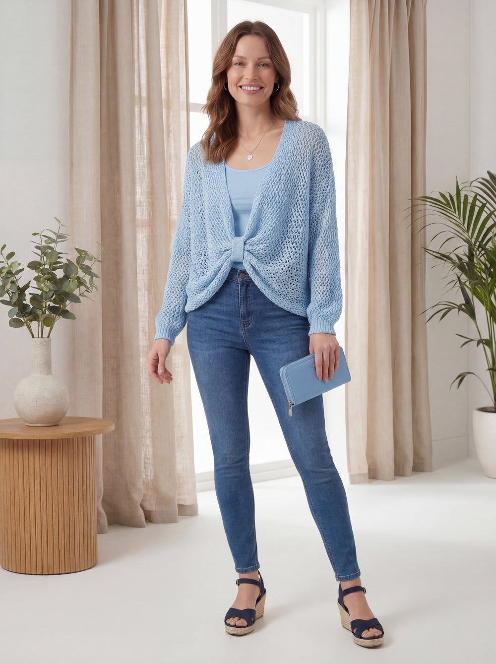 "SOPHIA” Crossover Fine Knit Top - Sky Blue