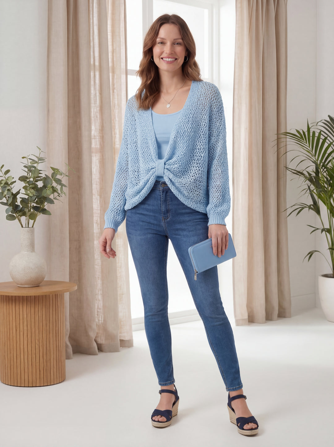 "SOPHIA” Crossover Fine Knit Top - Sky Blue