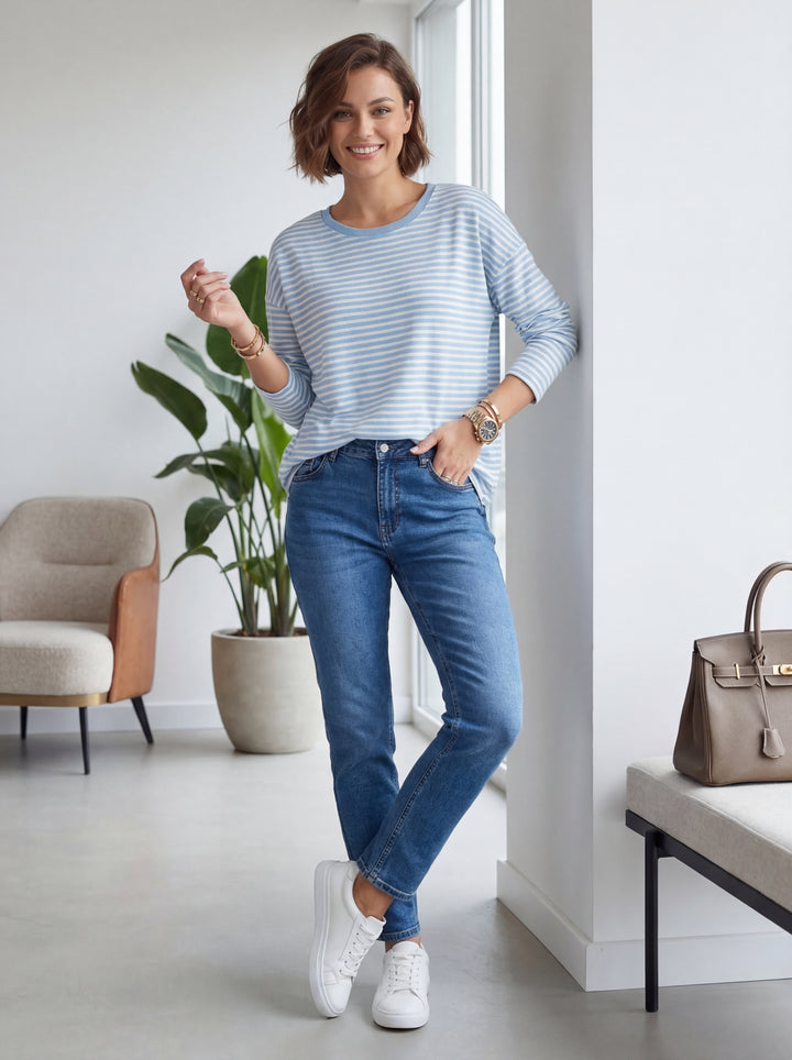 "AMELIA” Stripe Top - Sky Blue/White