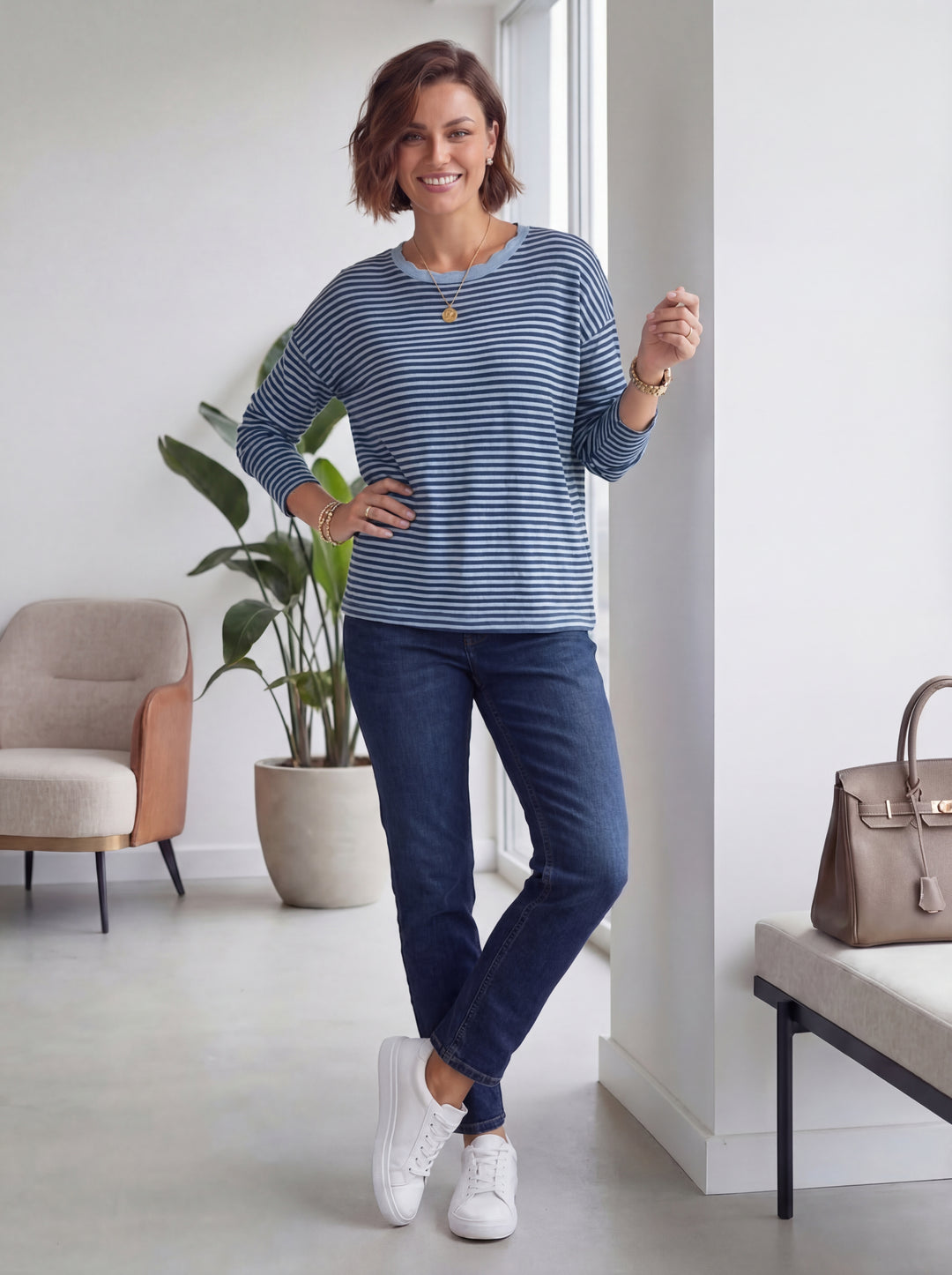 "AMELIA” Stripe Top - Navy/Sky Blue