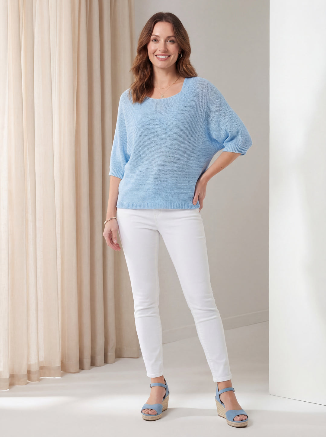 "KACEY” Button Back Fine Knit Top - Sky Blue
