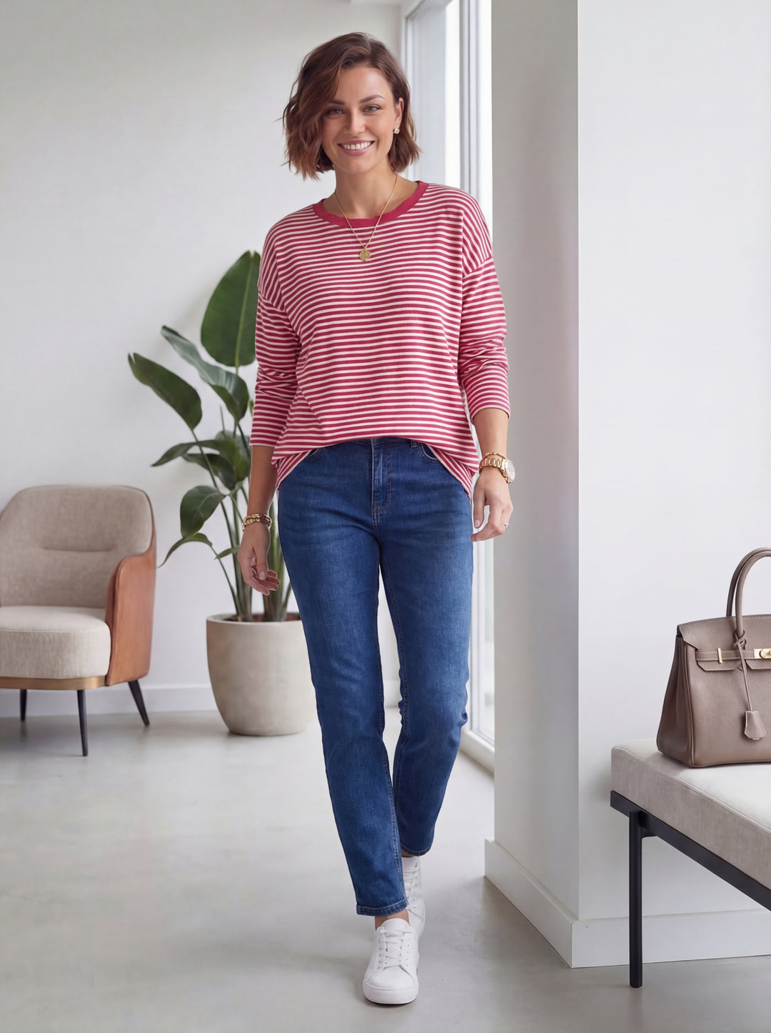 "AMELIA” Stripe Top - Cerise/White