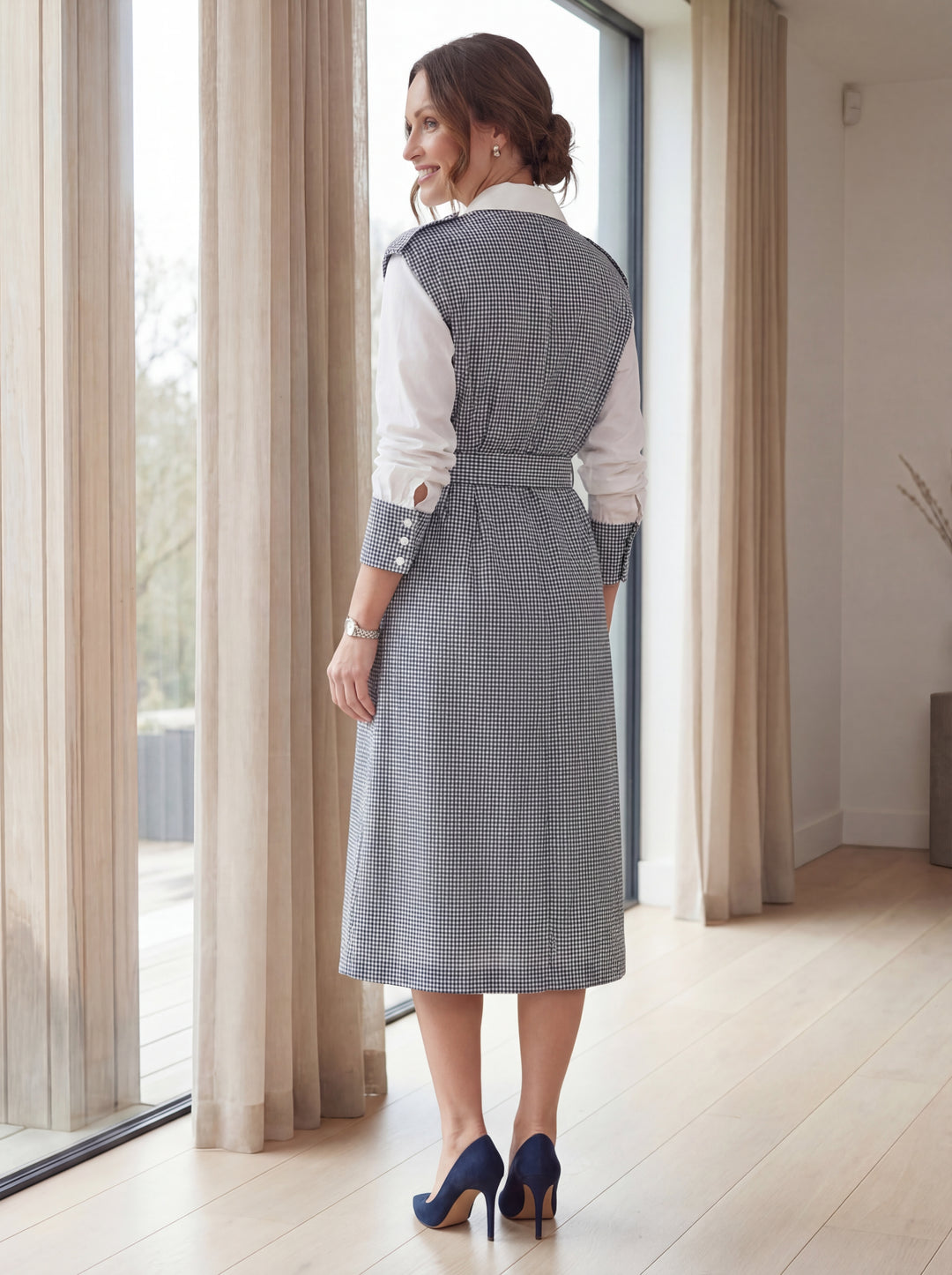 "TIA” 2 Piece Shirt & Sleeveless Trench Coat - Blue Cheque