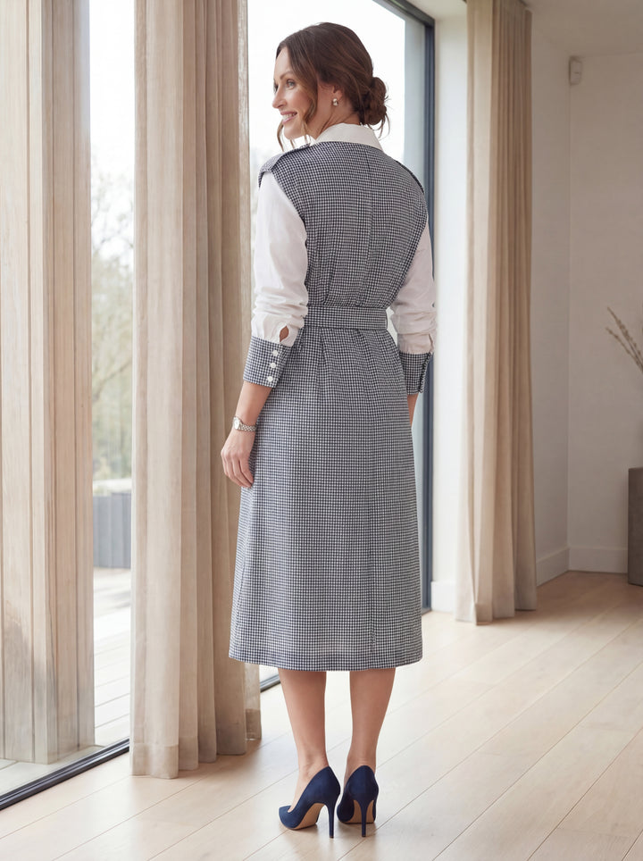 "TIA” 2 Piece Shirt & Sleeveless Trench Coat - Blue Cheque