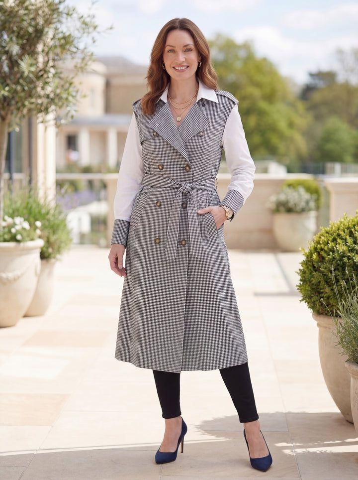 "TIA” 2 Piece Shirt & Sleeveless Trench Coat - Brown Cheque