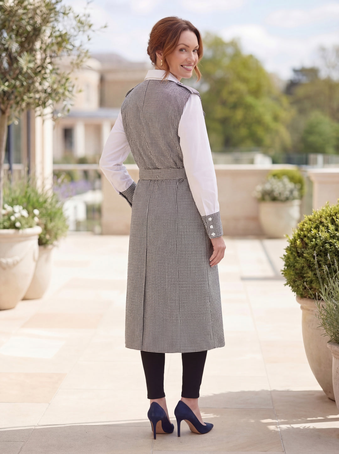 "TIA” 2 Piece Shirt & Sleeveless Trench Coat - Brown Cheque