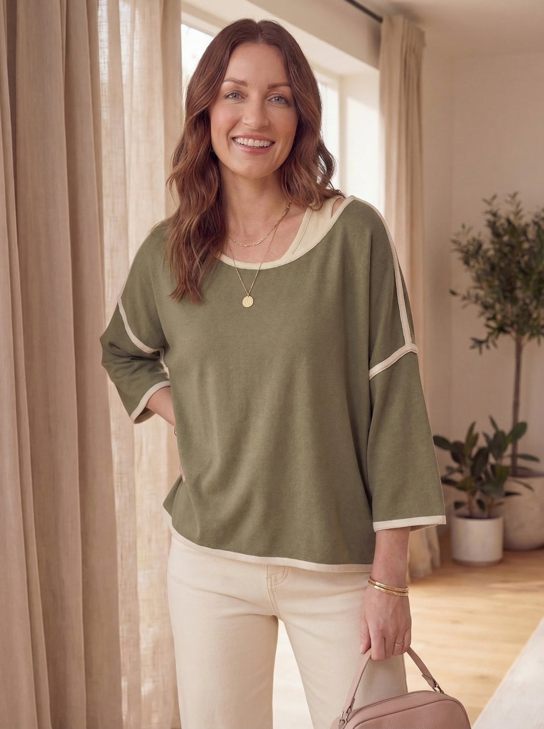"CHLOE” Relaxed Fit Luxury Top - Khaki Green