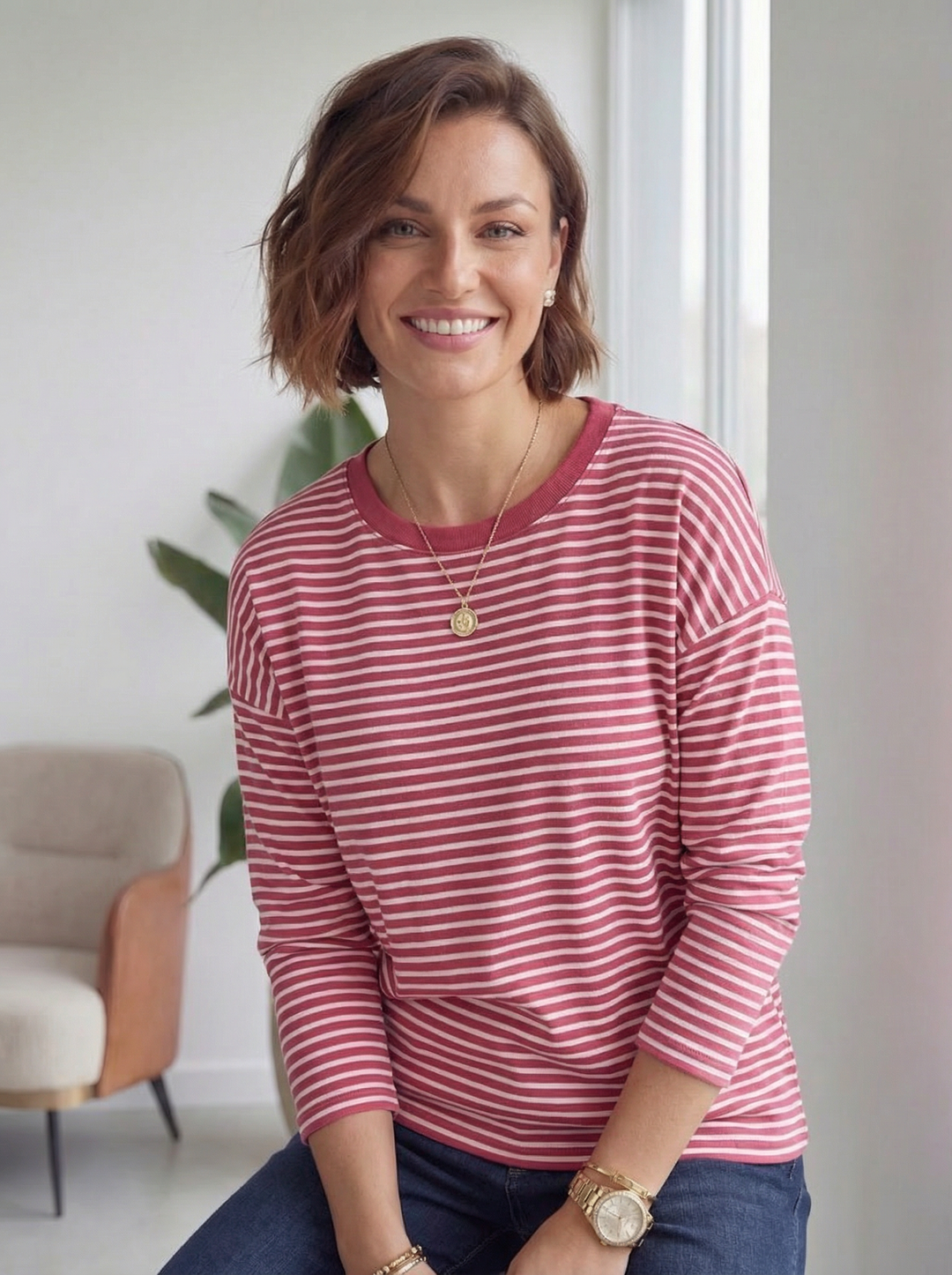 "AMELIA” Stripe Top - Cerise/White