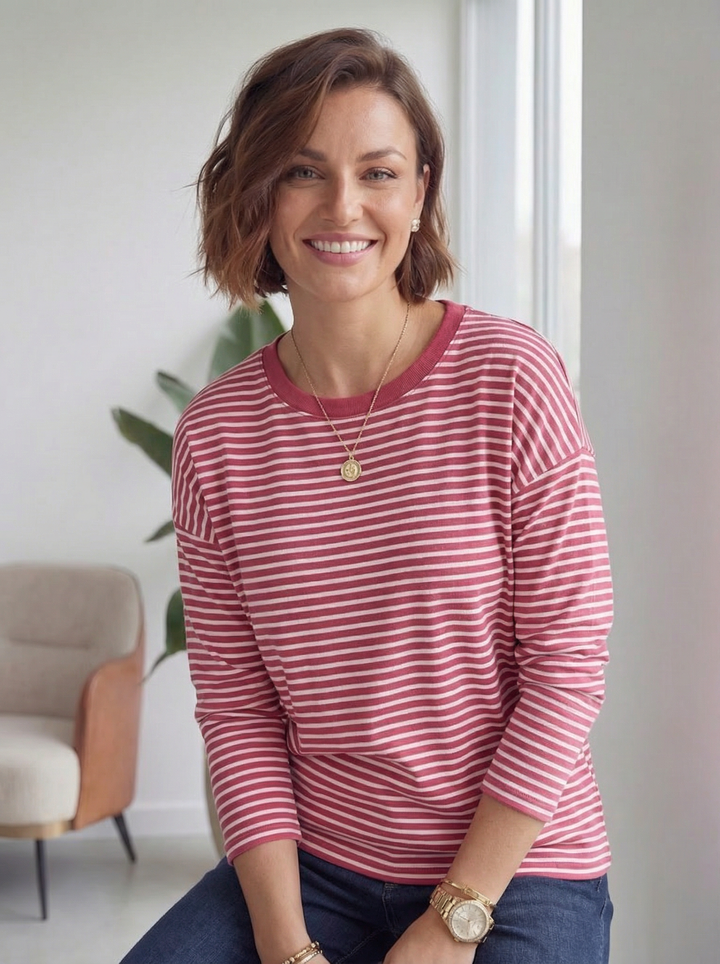 "AMELIA” Stripe Top - Cerise/White