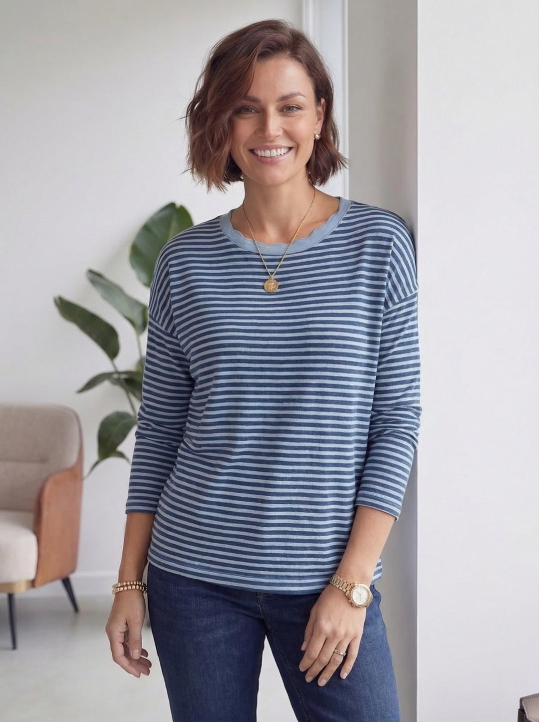 "AMELIA” Stripe Top - Navy/Sky Blue