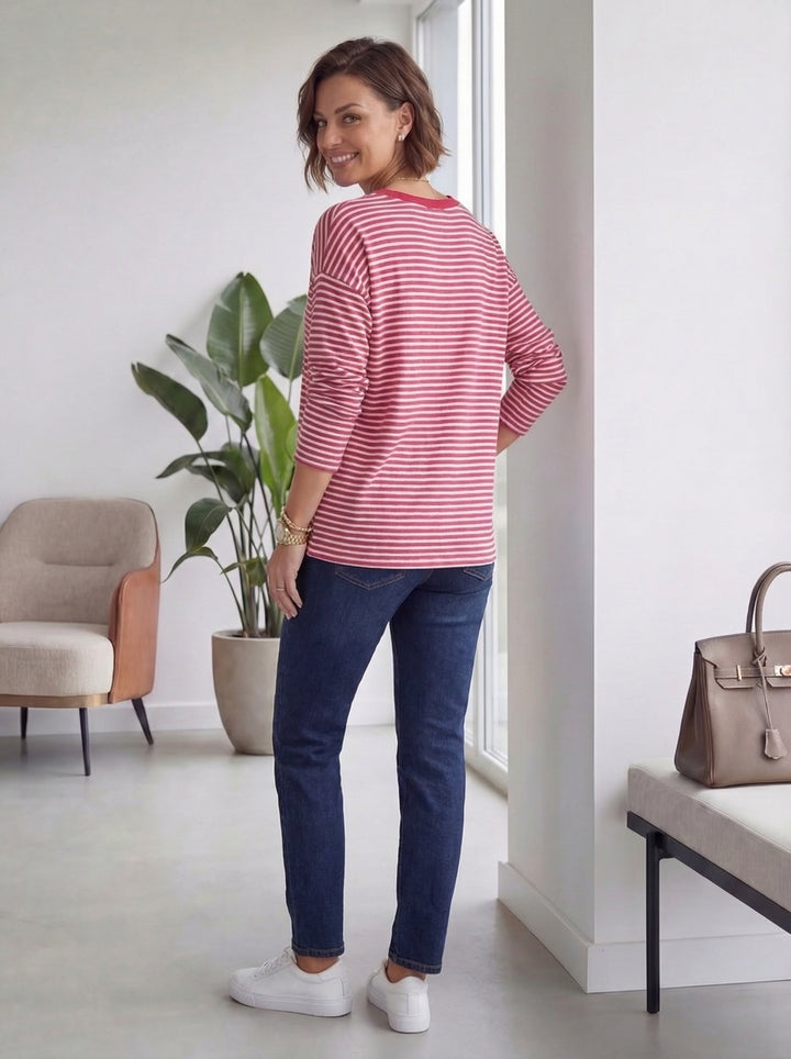 "AMELIA” Stripe Top - Cerise/White
