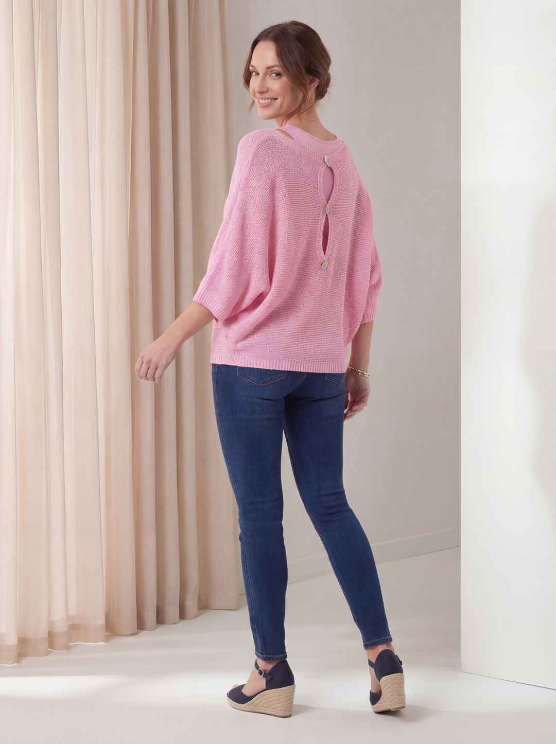 "KACEY” Button Back Fine Knit Top - Baby Pink