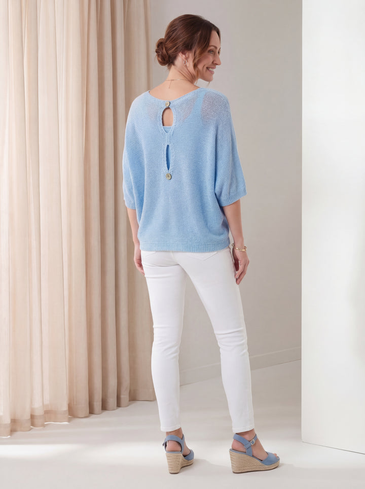 "KACEY” Button Back Fine Knit Top - Sky Blue