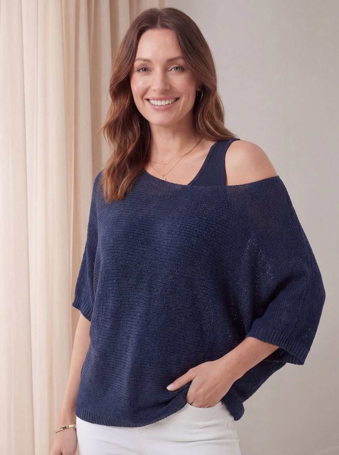 "KACEY” Button Back Fine Knit Top - Navy