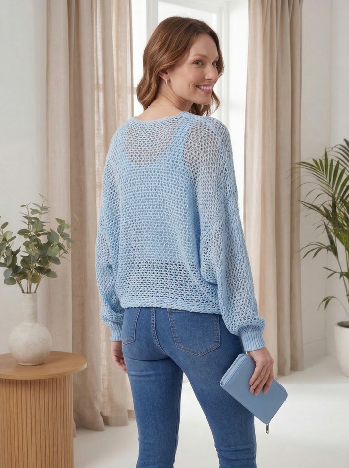 "SOPHIA” Crossover Fine Knit Top - Sky Blue