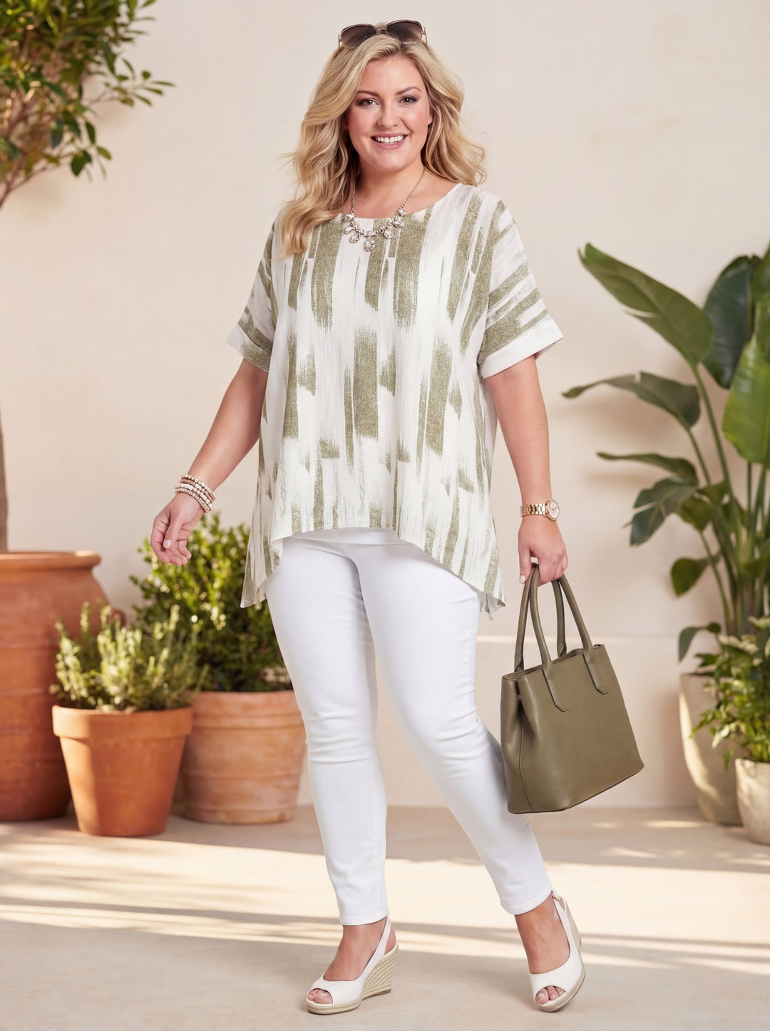 "VIVIAN” Relaxed Fit  Cotton Top -  Khaki Green