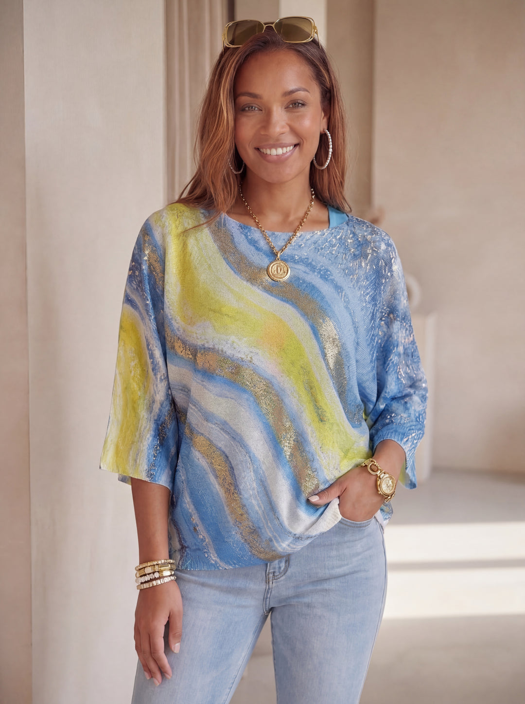 “KAYLEE” Fine Knit Top - Blue/Yellow