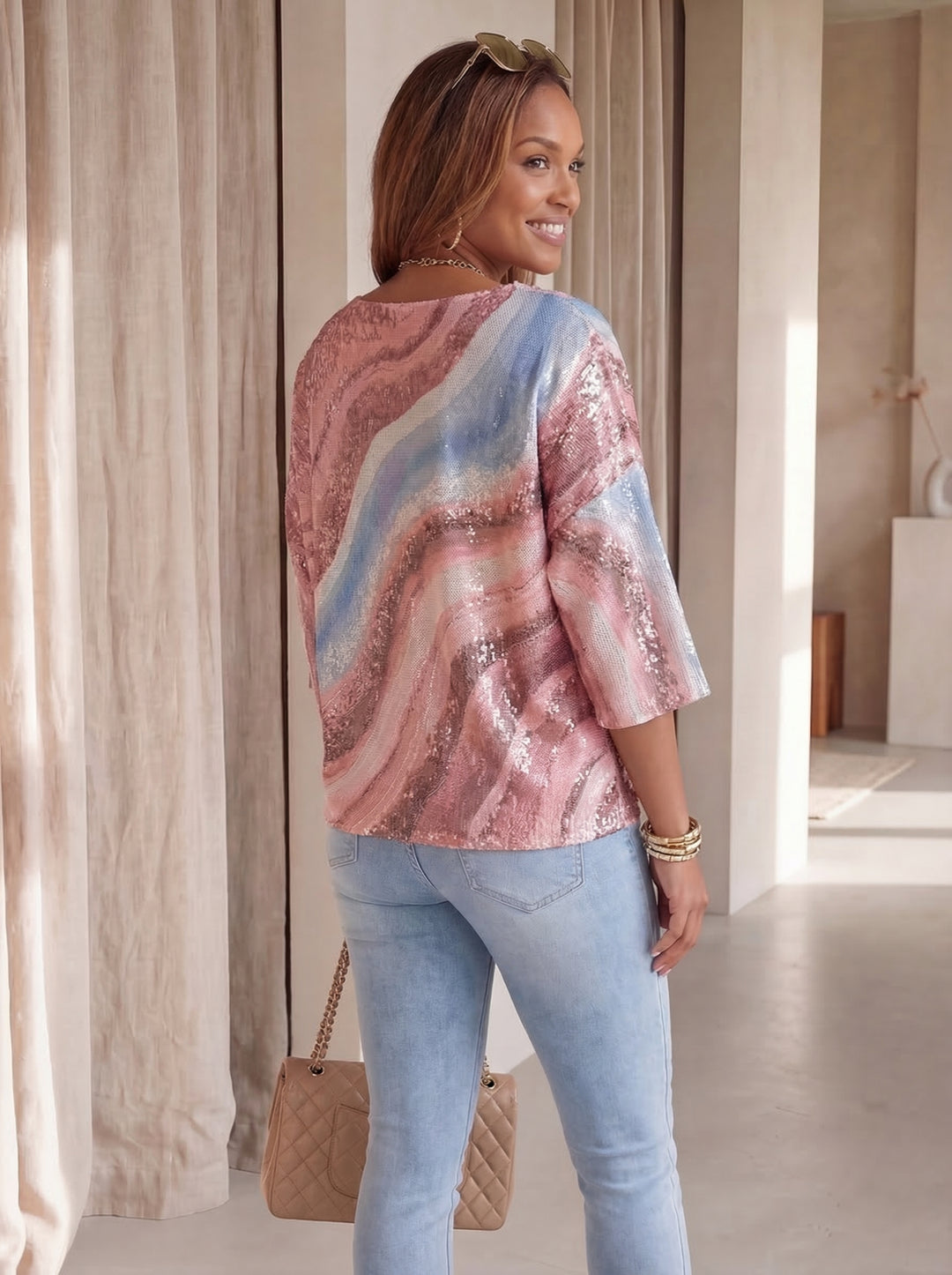 “KAYLEE” Fine Knit Top - Blush Pink/Sky Blue