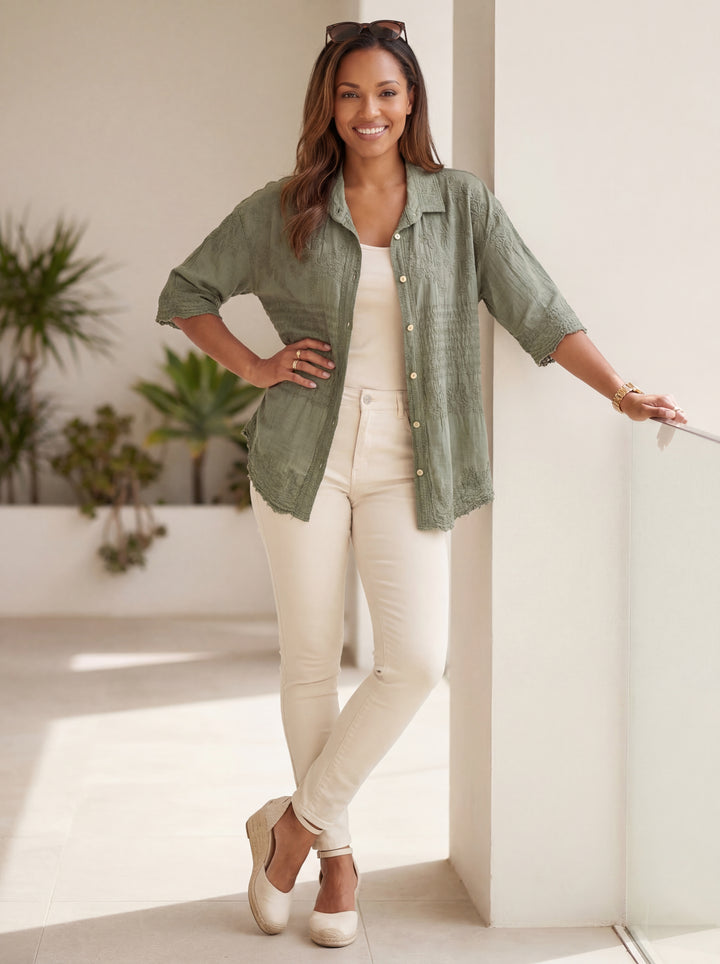 “BAILEY”  Embriodered Shirt / Shacket - Khaki