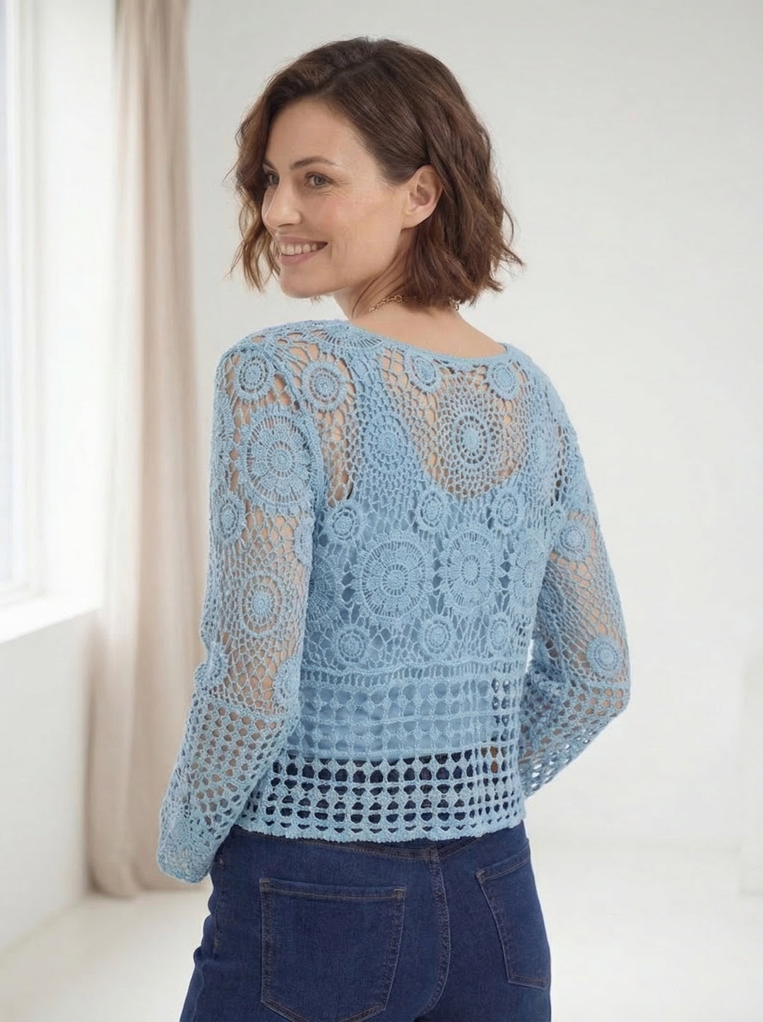 "KATIE” V- Neck Crochet Top  - Sky Blue