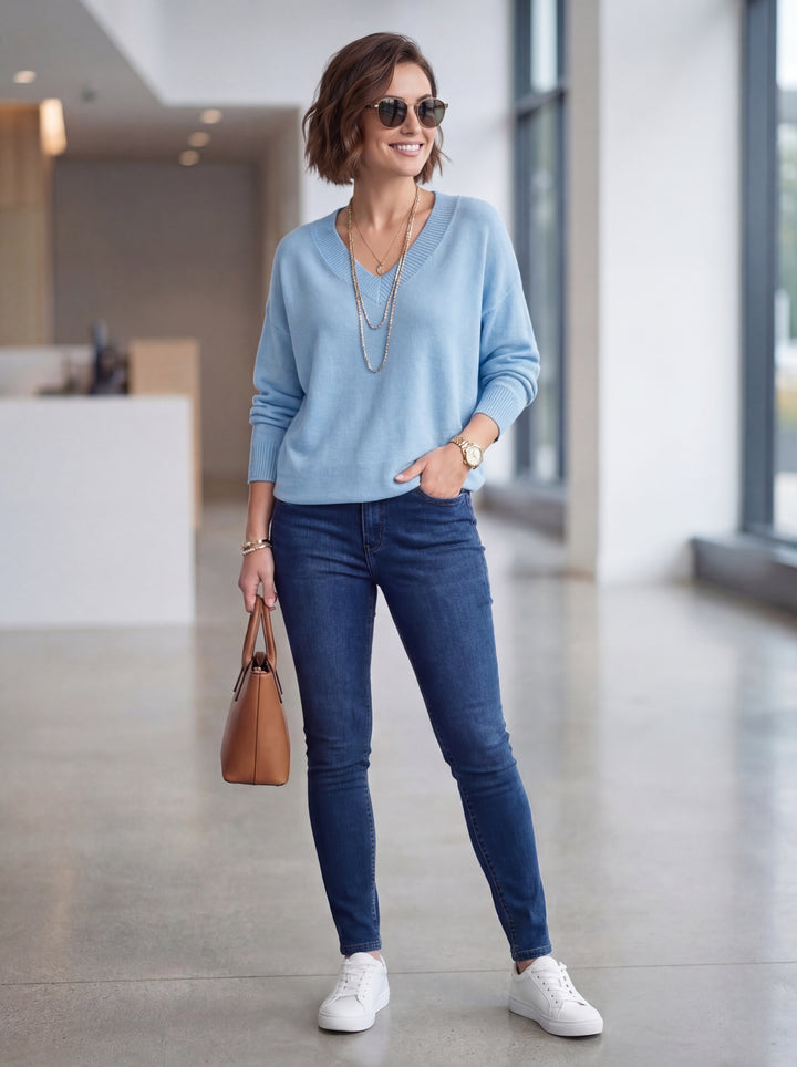 "CHRISTINE" V-Neck Soft Knit Jumper - Sky Blue