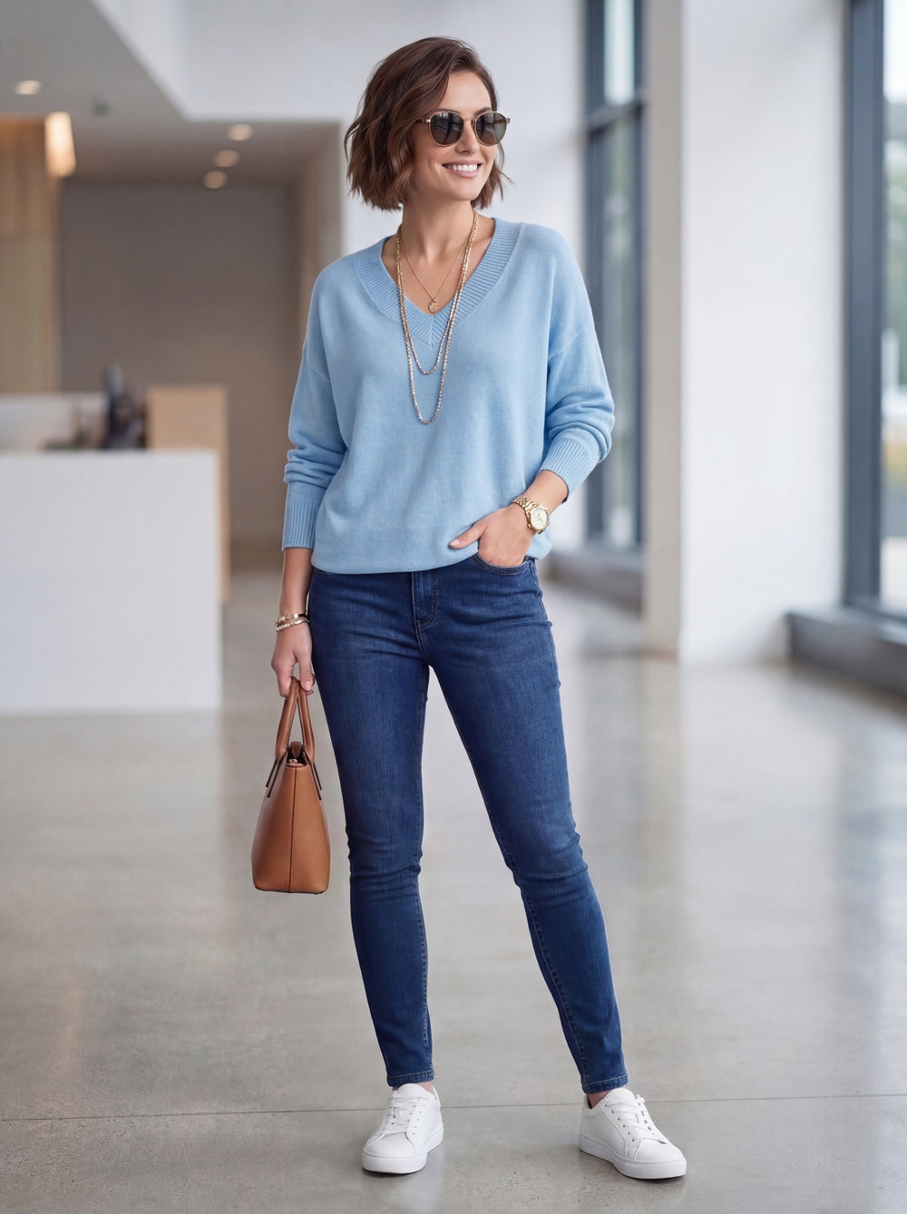 "CHRISTINE" V-Neck Soft Knit Jumper - Sky Blue
