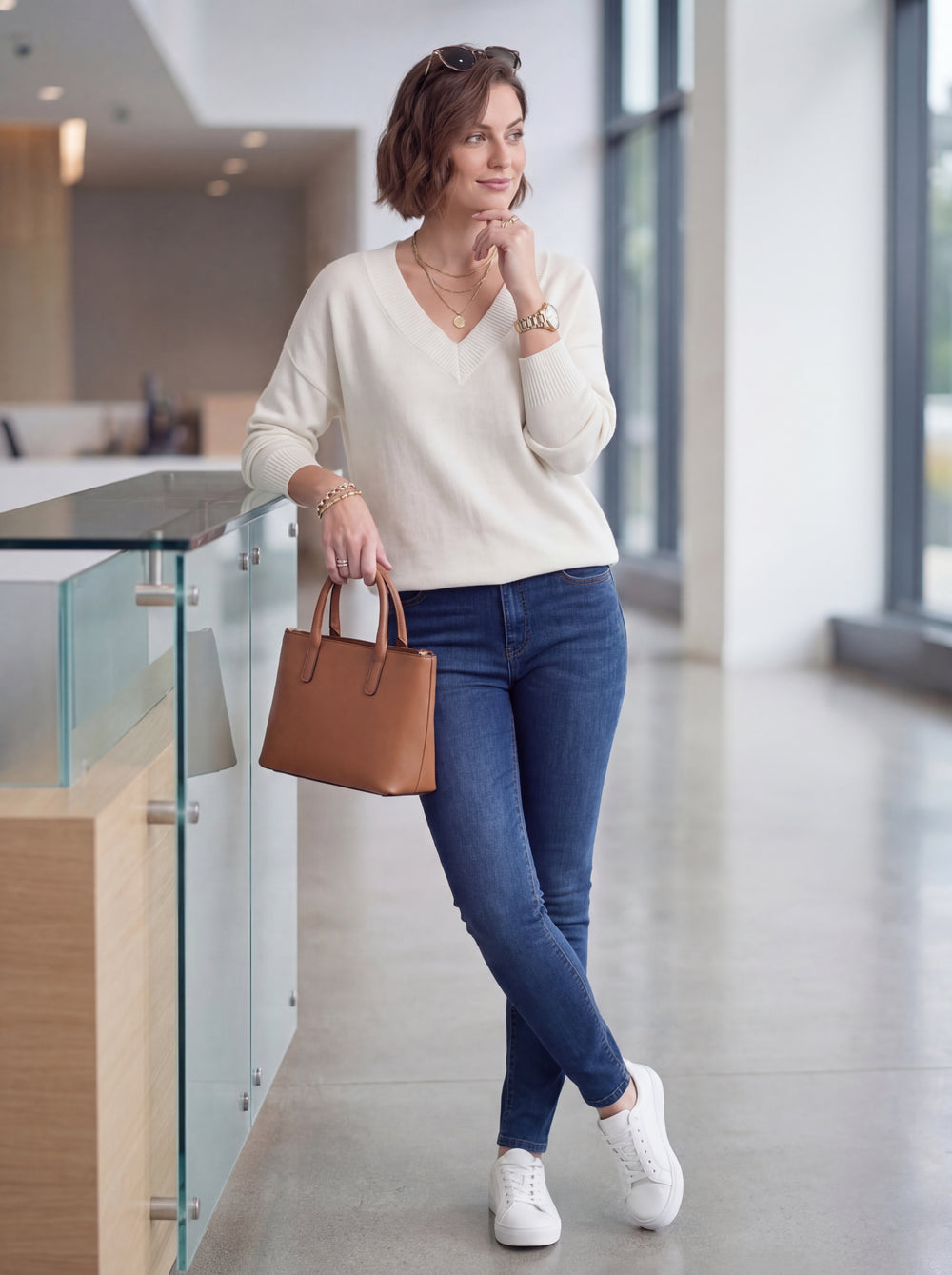 "CHRISTINE" V-Neck Soft Knit Jumper - Cream