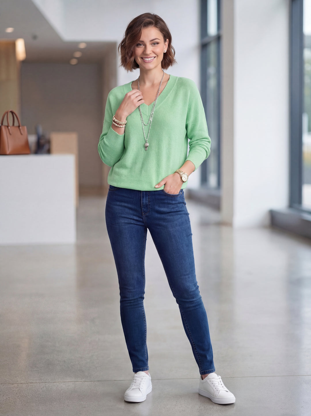 "CHRISTINE" V-Neck Soft Knit Jumper - Green