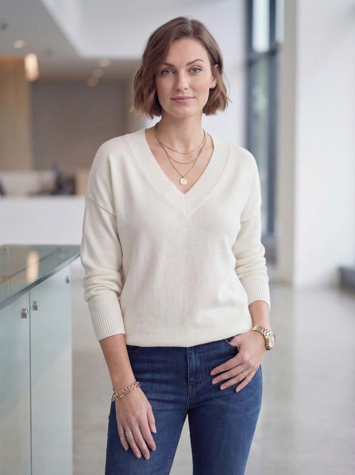 "CHRISTINE" V-Neck Soft Knit Jumper - Cream