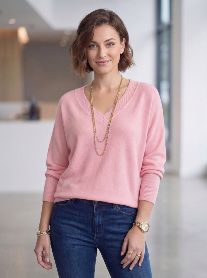"CHRISTINE" V-Neck Soft Knit Jumper - Blush Pink