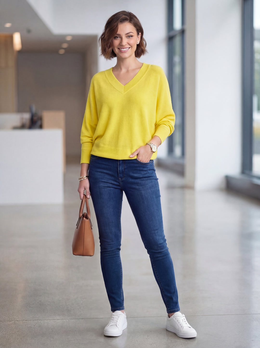 "CHRISTINE" V-Neck Soft Knit Jumper - Yellow