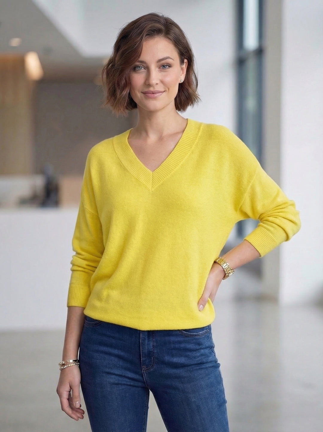 "CHRISTINE" V-Neck Soft Knit Jumper - Yellow