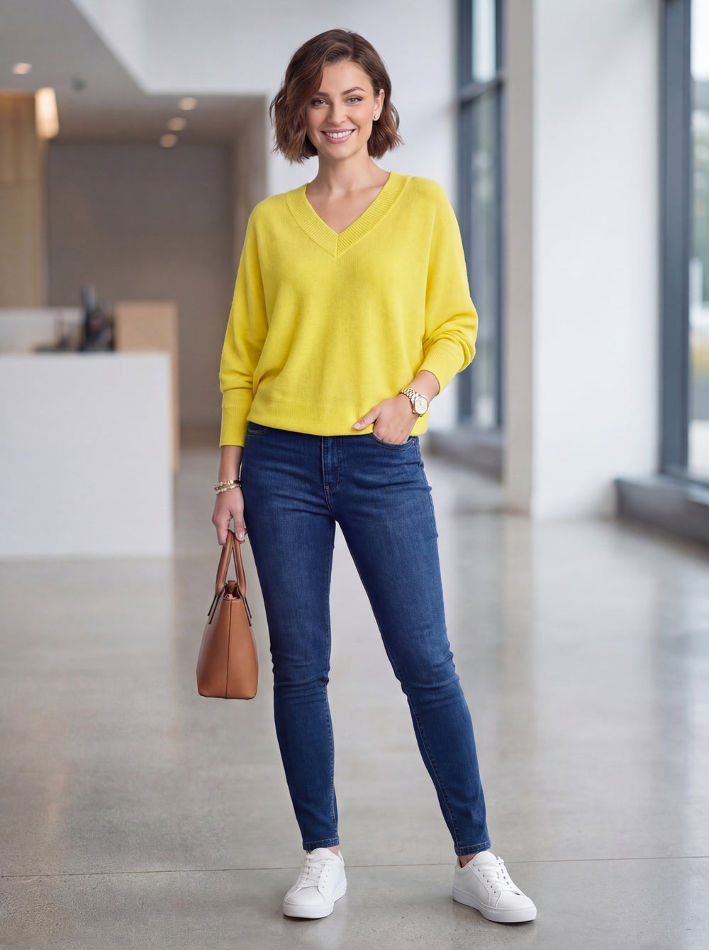 "CHRISTINE" V-Neck Soft Knit Jumper - Yellow
