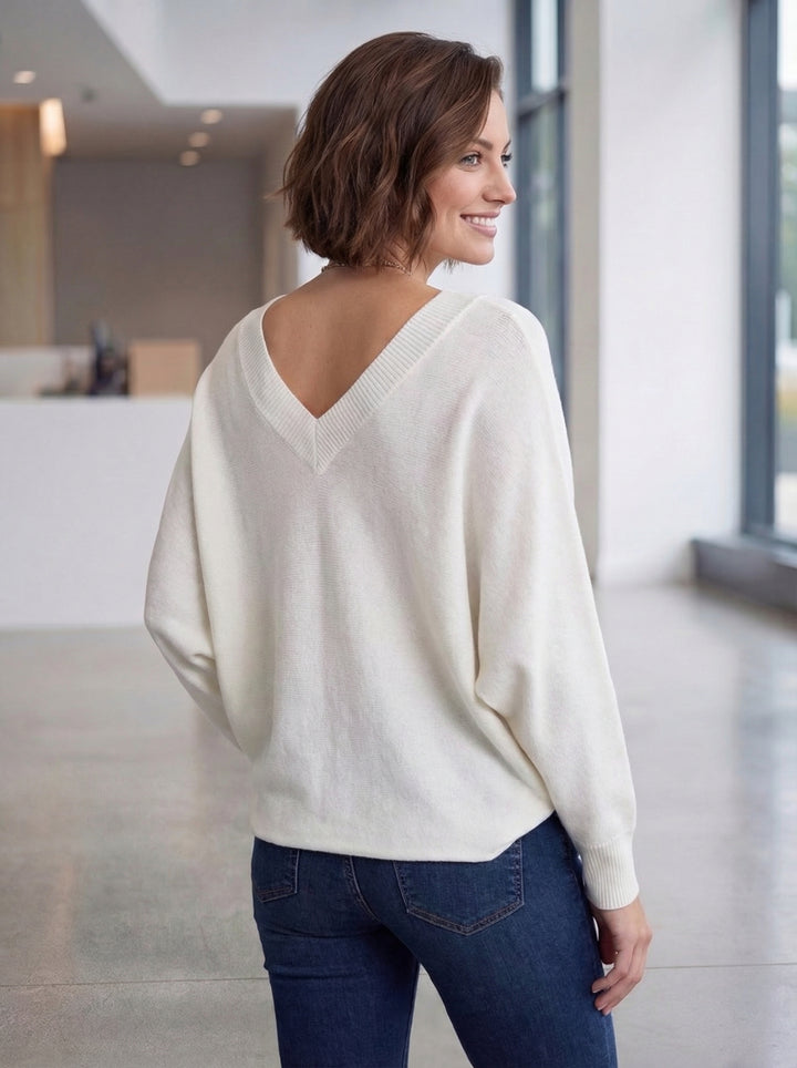 "CHRISTINE" V-Neck Soft Knit Jumper - Cream