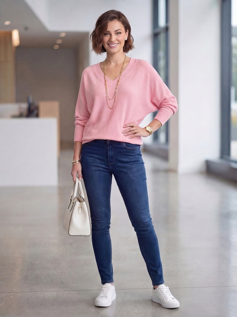 "CHRISTINE" V-Neck Soft Knit Jumper - Blush Pink